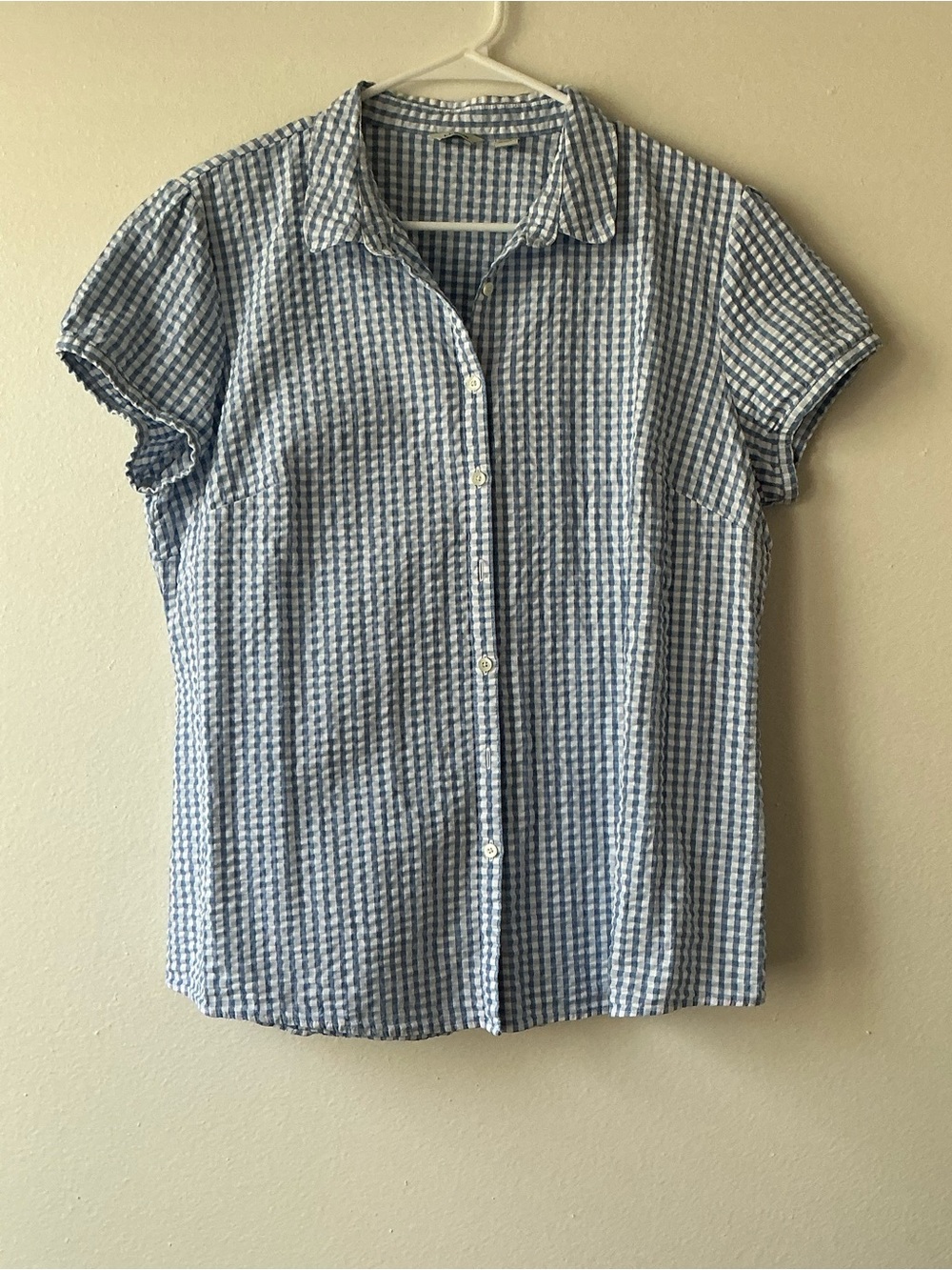 L.L. Bean Blue and White Gingham Short-Sleeve Button-Down Shirt